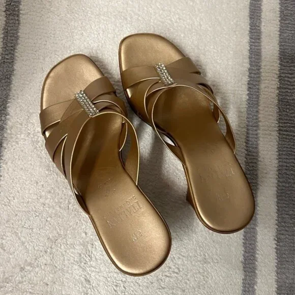 ITALIAN SHOEMAKERS 3” Gold Crystal Dress Leather Kitten Heels Wedge Sandals 8.5 - Picture 3 of 9